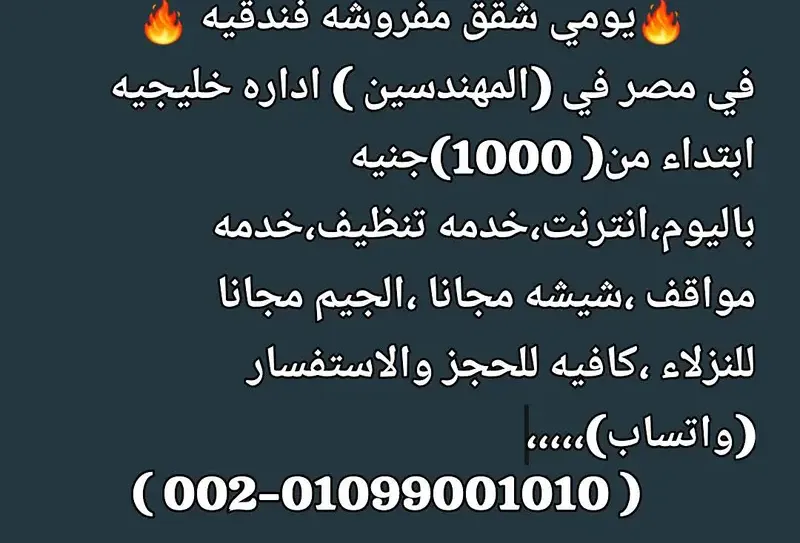 استوديو مفروش 1000 جنيه يومي بالمهندسين